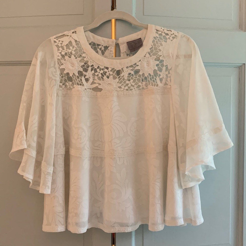Anthropologie Ivory Jacquard Blouse with Crochet Detail, Size S